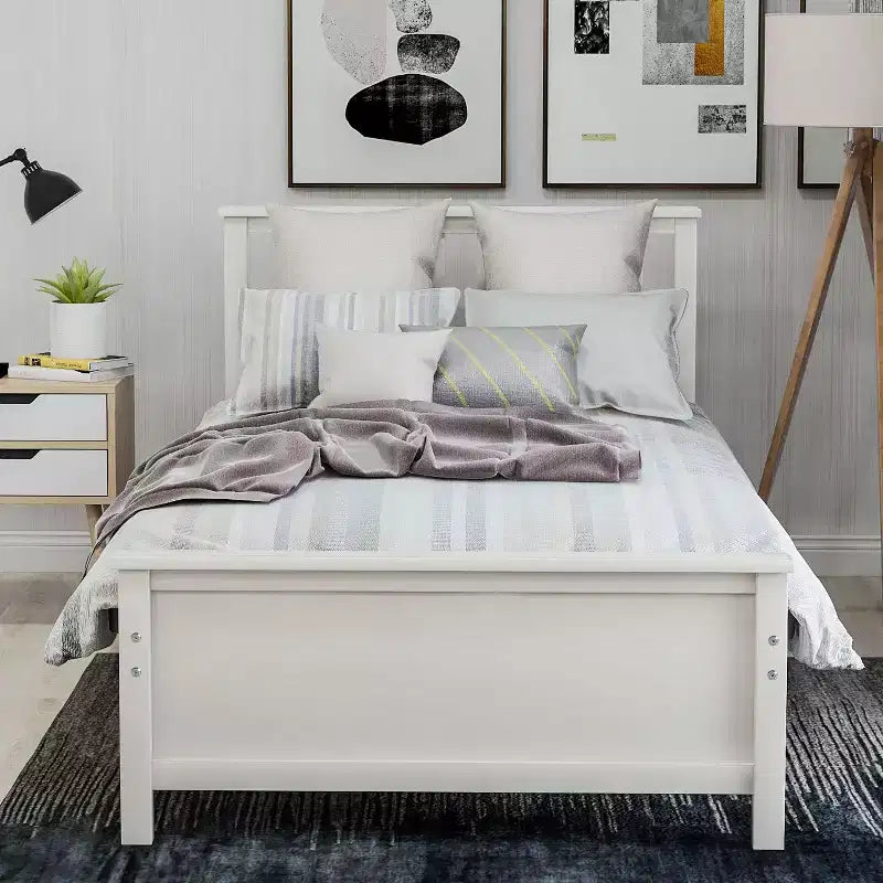 Twin Size Wood Platform Bed with Headboard Footboard and Wood Slat Support White