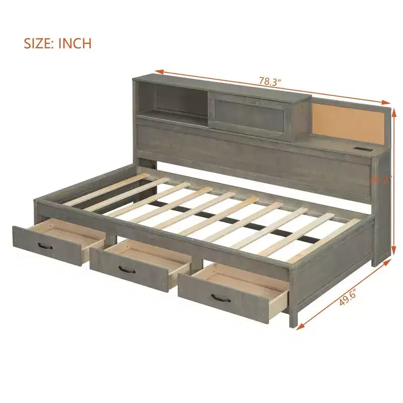 Lit de repos double en bois avec 3 tiroirs de rangement, étagère supérieure à panneau souple et un ensemble de prises et de ports USB gris