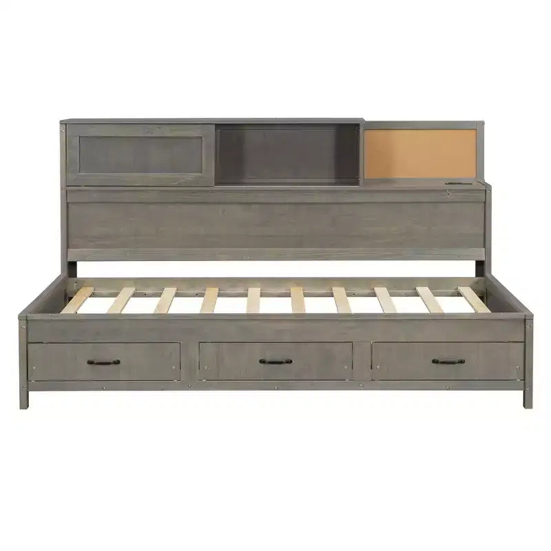 Lit de repos double en bois avec 3 tiroirs de rangement, étagère supérieure à panneau souple et un ensemble de prises et de ports USB gris