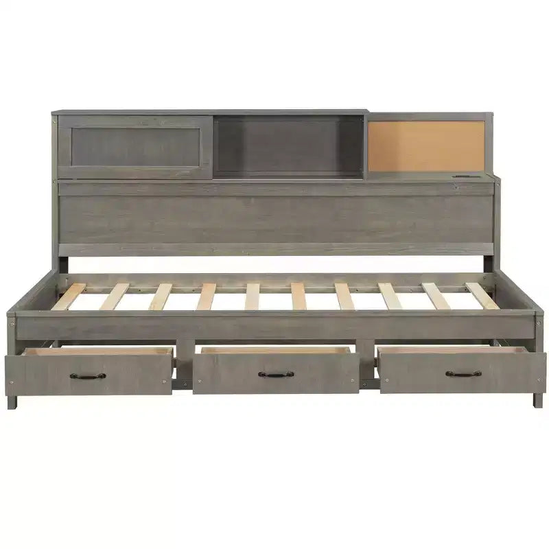Lit de repos double en bois avec 3 tiroirs de rangement, étagère supérieure à panneau souple et un ensemble de prises et de ports USB gris