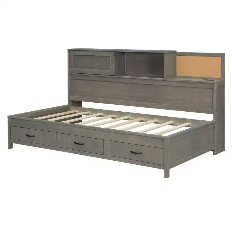 Lit de repos double en bois avec 3 tiroirs de rangement, étagère supérieure à panneau souple et un ensemble de prises et de ports USB gris
