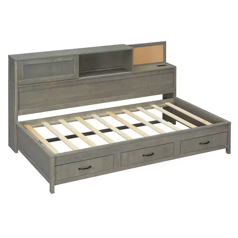 Lit de repos double en bois avec 3 tiroirs de rangement, étagère supérieure à panneau souple et un ensemble de prises et de ports USB gris