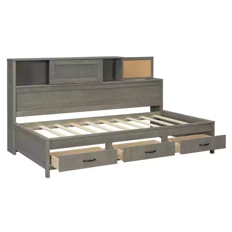 Lit de repos double en bois avec 3 tiroirs de rangement, étagère supérieure à panneau souple et un ensemble de prises et de ports USB gris