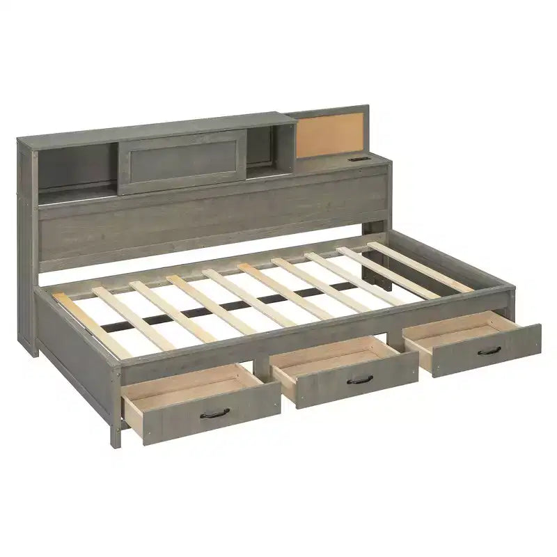 Lit de repos double en bois avec 3 tiroirs de rangement, étagère supérieure à panneau souple et un ensemble de prises et de ports USB gris