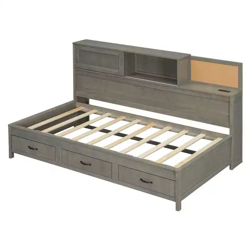 Lit de repos double en bois avec 3 tiroirs de rangement, étagère supérieure à panneau souple et un ensemble de prises et de ports USB gris