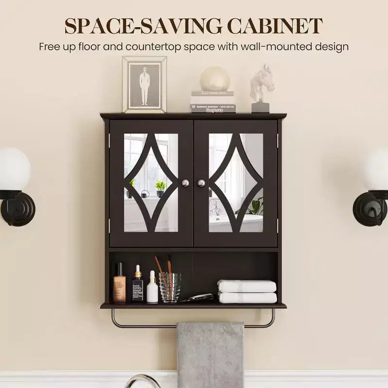 Meuble de salle de bain RoyalCraft, armoire murale de rangement avec miroir, porte-serviettes et étagères réglables pour salle d'eau, buanderie, marron