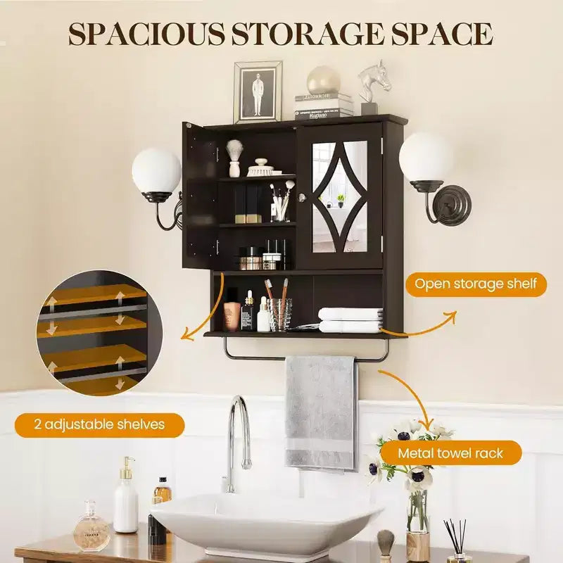 Meuble de salle de bain RoyalCraft, armoire murale de rangement avec miroir, porte-serviettes et étagères réglables pour salle d'eau, buanderie, marron
