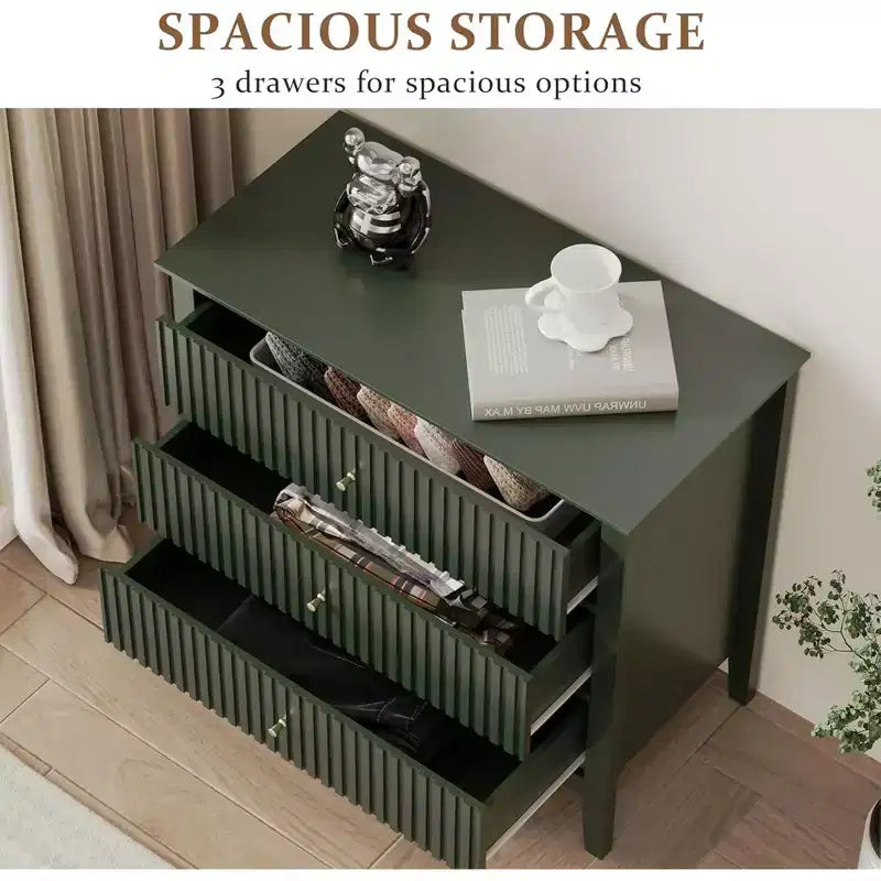 RoyalCraft Fluted Dresser 3 Drawer Bedroom Storage Cabinet and Nightstand, Green