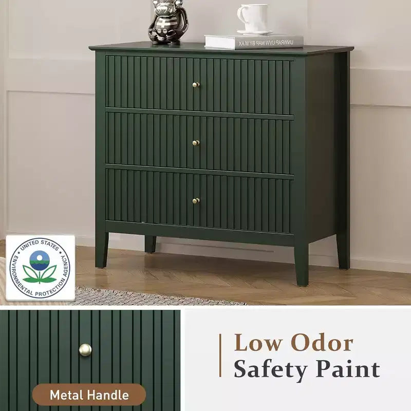 RoyalCraft Fluted Dresser 3 Drawer Bedroom Storage Cabinet and Nightstand, Green