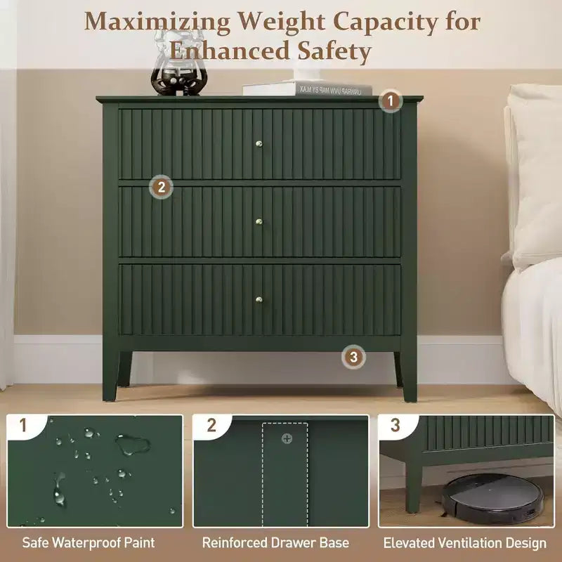 RoyalCraft Fluted Dresser 3 Drawer Bedroom Storage Cabinet and Nightstand, Green