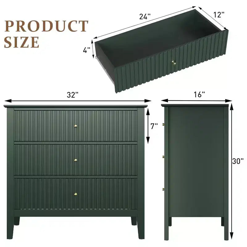 RoyalCraft Fluted Dresser 3 Drawer Bedroom Storage Cabinet and Nightstand, Green