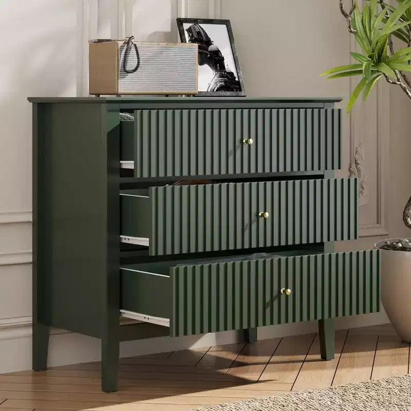 RoyalCraft Fluted Dresser 3 Drawer Bedroom Storage Cabinet and Nightstand, Green
