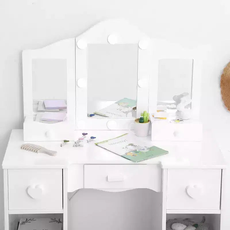 Acekool Princess Vanity Set - Tri-Fold Mirror & Stool for Pretend Play
