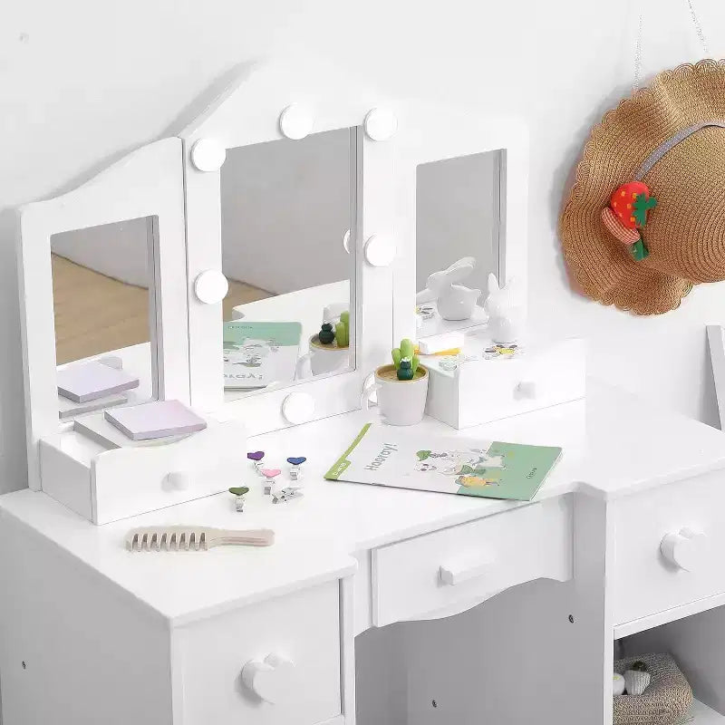 Acekool Princess Vanity Set - Tri-Fold Mirror & Stool for Pretend Play