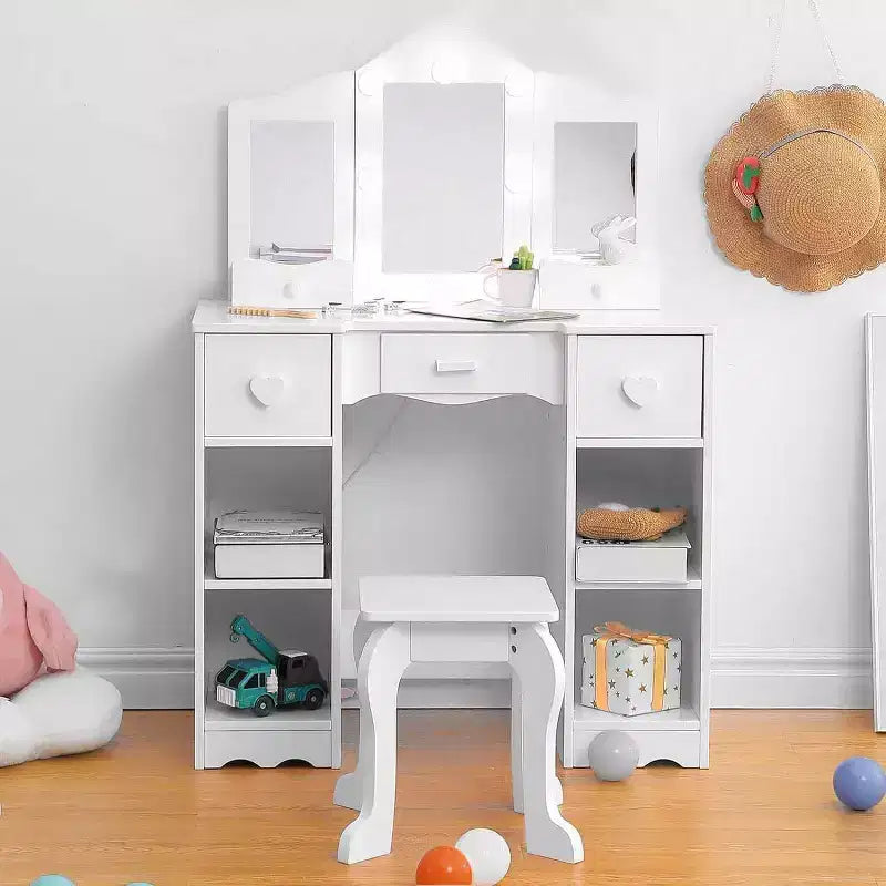 Acekool Princess Vanity Set - Tri-Fold Mirror & Stool for Pretend Play