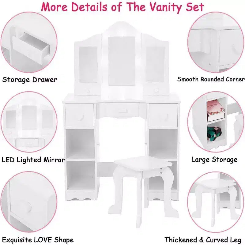 Acekool Princess Vanity Set - Tri-Fold Mirror & Stool for Pretend Play
