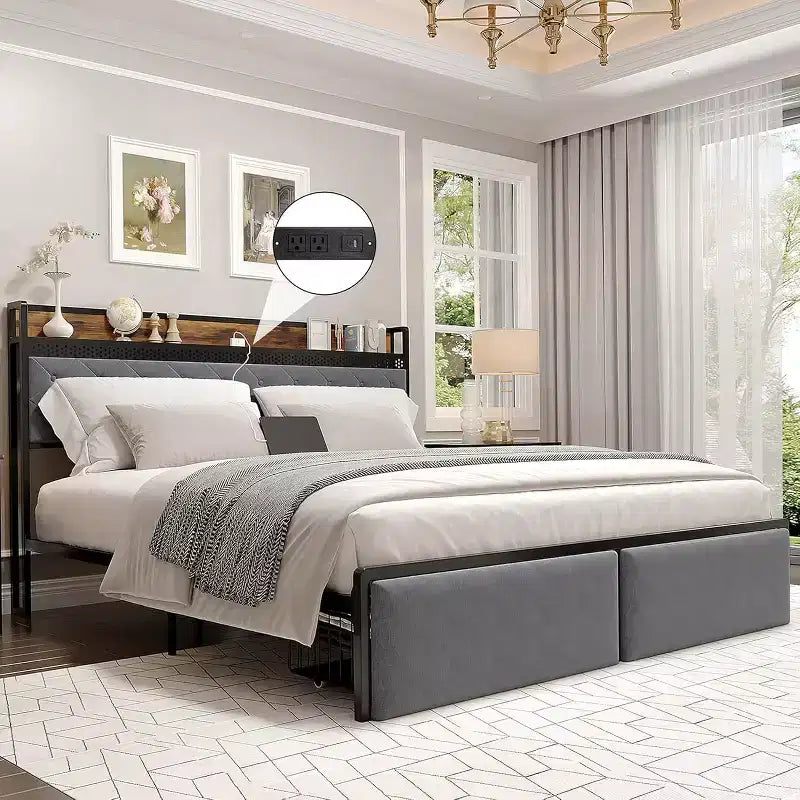 Bed Frame with Storage Headboard and 2 Drawers, Platform Metal King Bed Frame with LED Lights and Charging Station, Noise Free, No Box Spring Needed