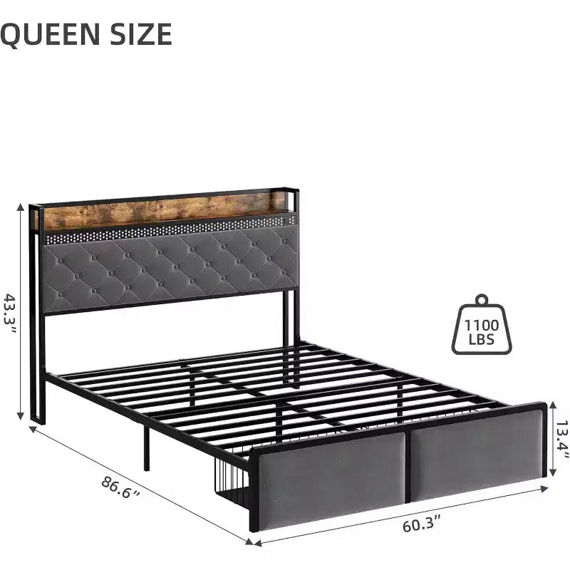 Bed Frame with Storage Headboard and 2 Drawers, Platform Metal King Bed Frame with LED Lights and Charging Station, Noise Free, No Box Spring Needed