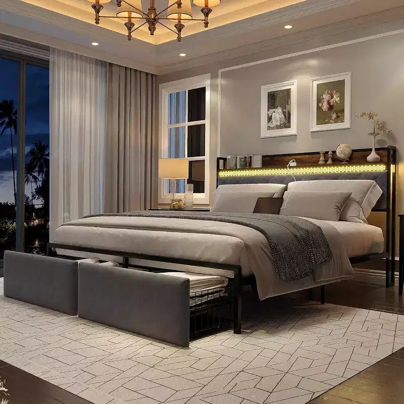 Bed Frame with Storage Headboard and 2 Drawers, Platform Metal King Bed Frame with LED Lights and Charging Station, Noise Free, No Box Spring Needed