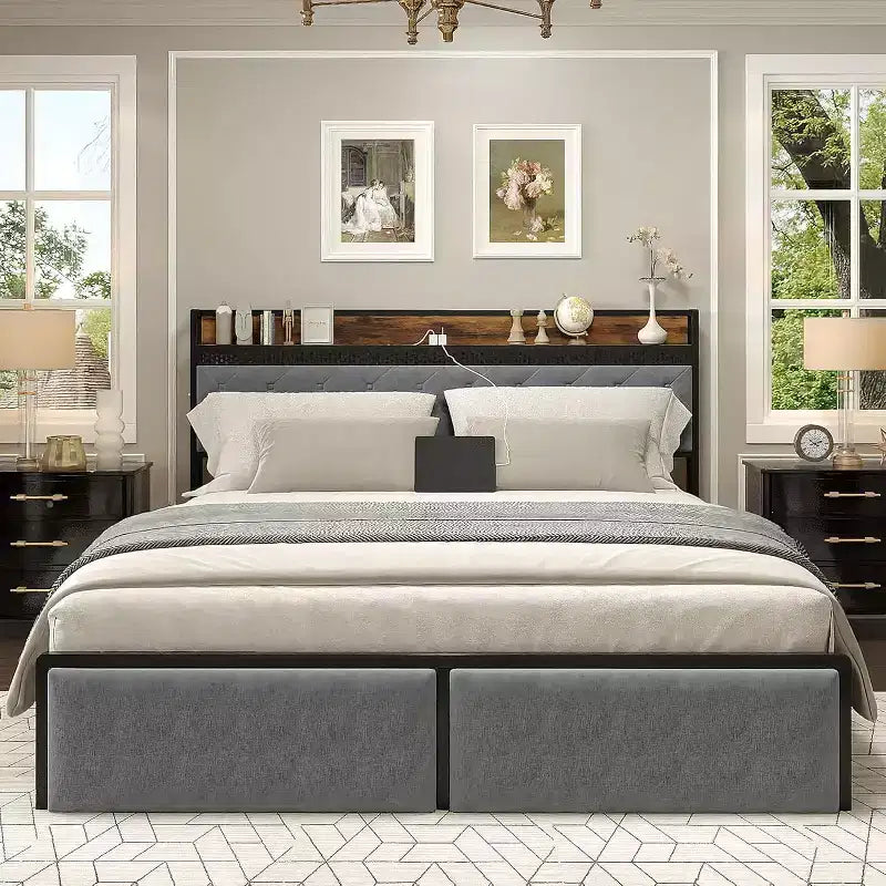 Bed Frame with Storage Headboard and 2 Drawers, Platform Metal King Bed Frame with LED Lights and Charging Station, Noise Free, No Box Spring Needed