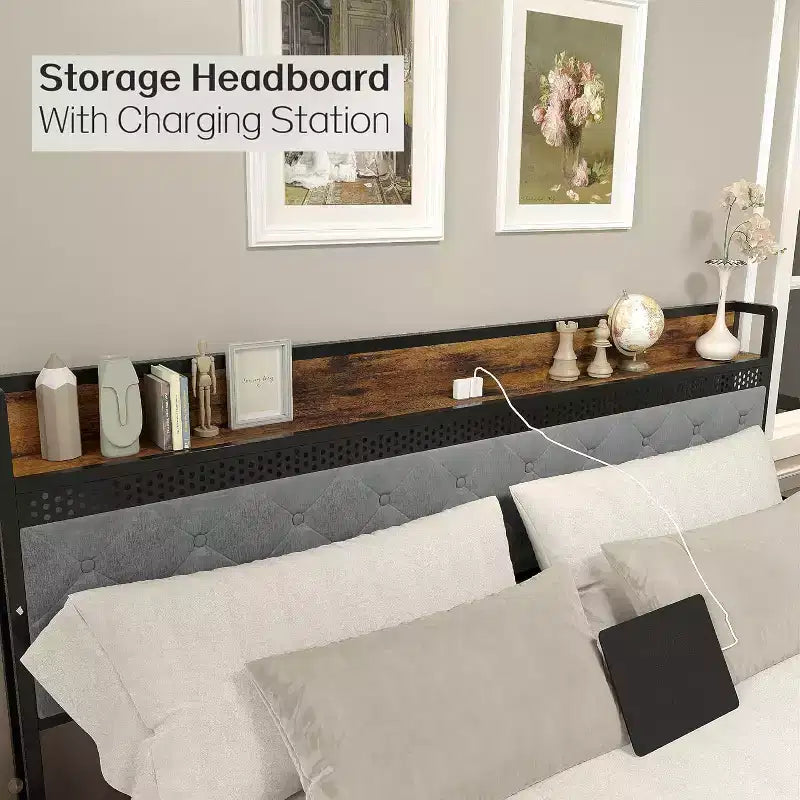 Bed Frame with Storage Headboard and 2 Drawers, Platform Metal King Bed Frame with LED Lights and Charging Station, Noise Free, No Box Spring Needed