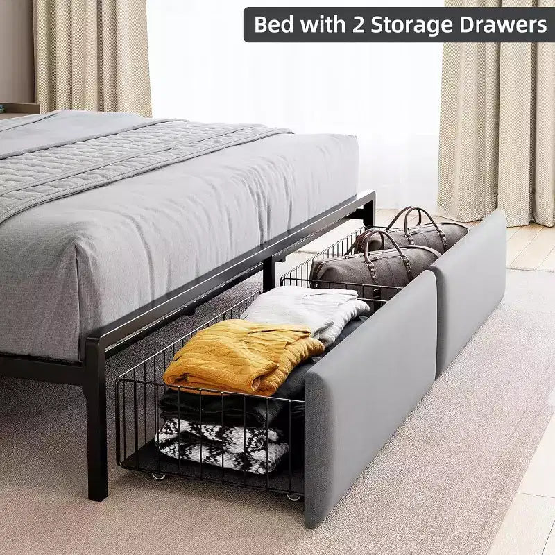 Bed Frame with Storage Headboard and 2 Drawers, Platform Metal King Bed Frame with LED Lights and Charging Station, Noise Free, No Box Spring Needed