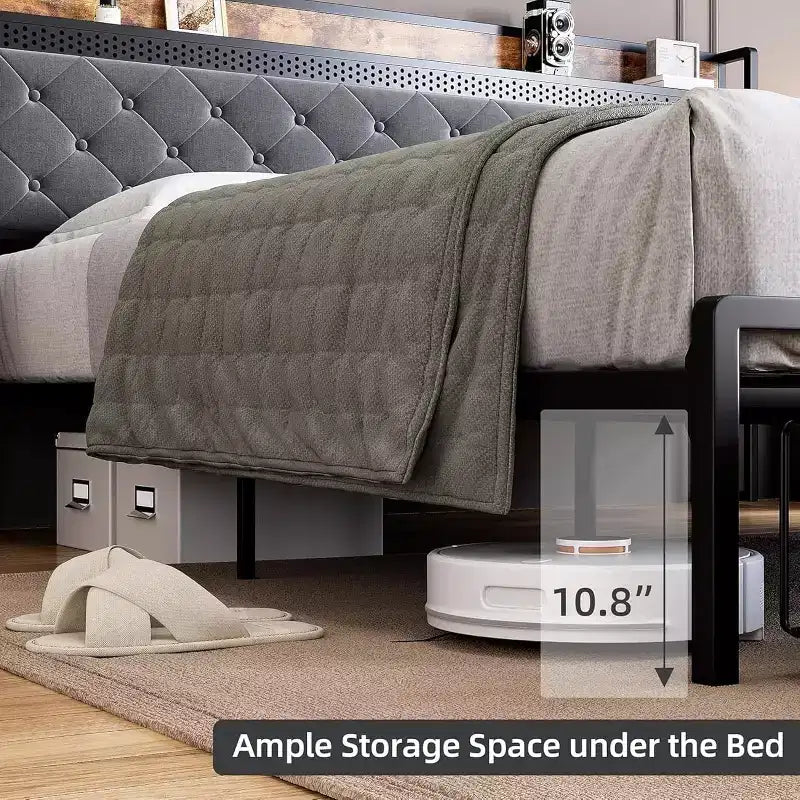 Bed Frame with Storage Headboard and 2 Drawers, Platform Metal King Bed Frame with LED Lights and Charging Station, Noise Free, No Box Spring Needed
