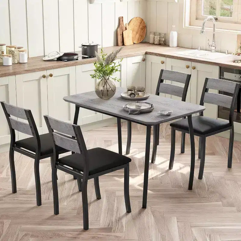 CuisinSmart Dining Table Set for 4, 5 Piece Metal Frame Kitchen Table and Chair Set with Chamfer Design, Space-Saving Dining Room Furniture