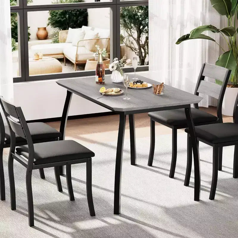 CuisinSmart Dining Table Set for 4, 5 Piece Metal Frame Kitchen Table and Chair Set with Chamfer Design, Space-Saving Dining Room Furniture