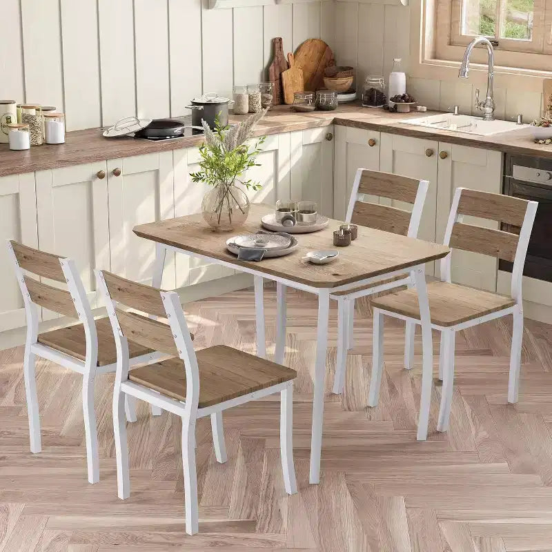 CuisinSmart Dining Table Set for 4, 5 Piece Metal Frame Kitchen Table and Chair Set with Chamfer Design, Space-Saving Dining Room Furniture