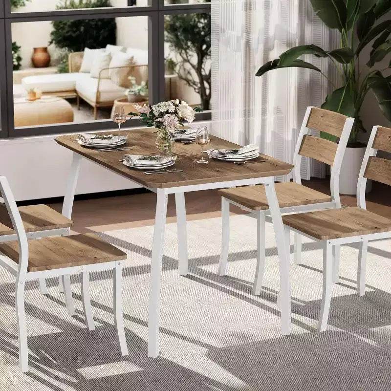 CuisinSmart Dining Table Set for 4, 5 Piece Metal Frame Kitchen Table and Chair Set with Chamfer Design, Space-Saving Dining Room Furniture