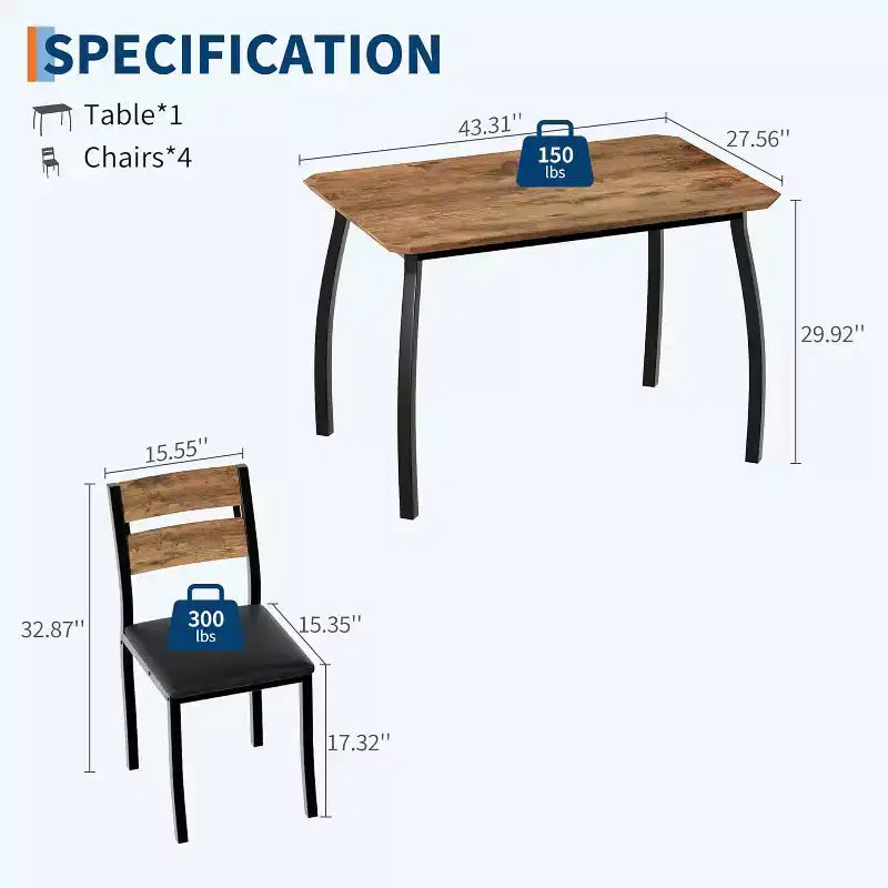 CuisinSmart Dining Table Set for 4, 5 Piece Metal Frame Kitchen Table and Chair Set with Chamfer Design, Space-Saving Dining Room Furniture