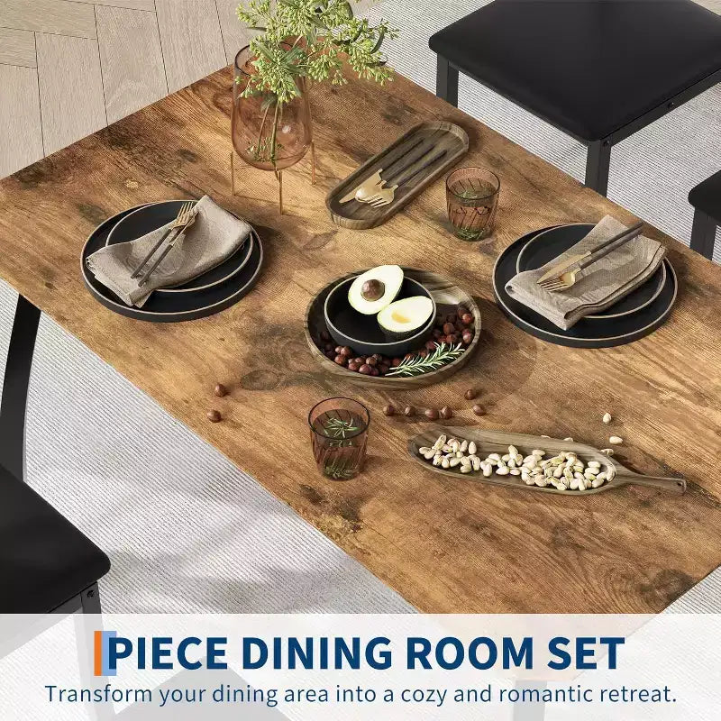 CuisinSmart Dining Table Set for 4, 5 Piece Metal Frame Kitchen Table and Chair Set with Chamfer Design, Space-Saving Dining Room Furniture