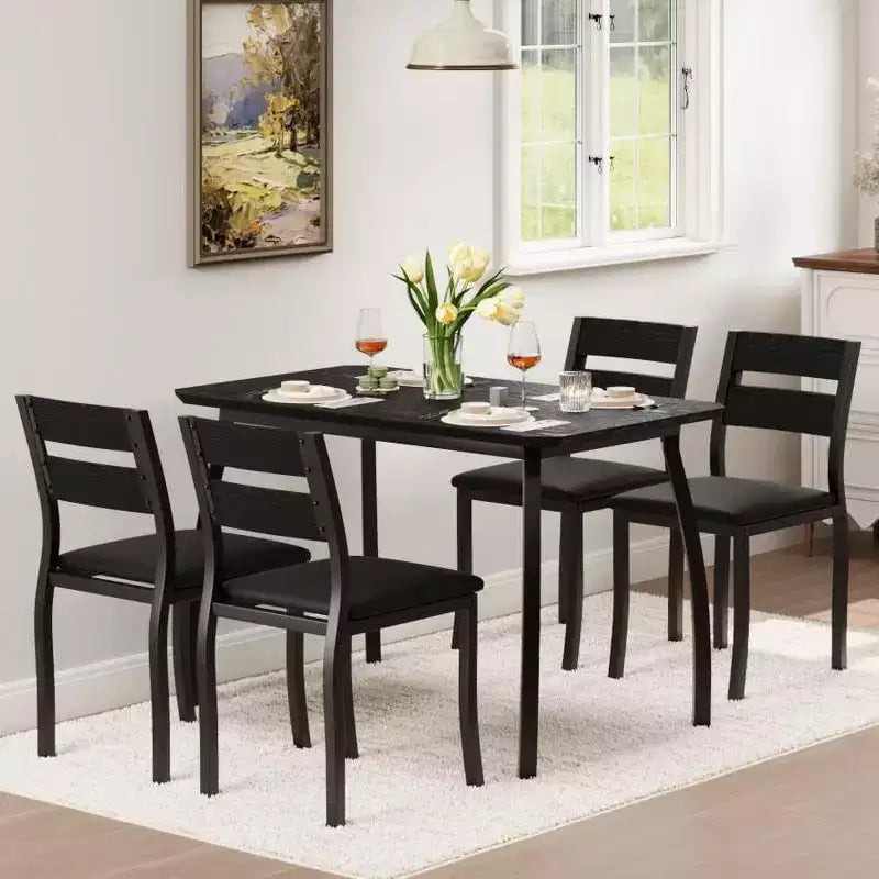 CuisinSmart Dining Table Set for 4, 5 Piece Metal Frame Kitchen Table and Chair Set with Chamfer Design, Space-Saving Dining Room Furniture