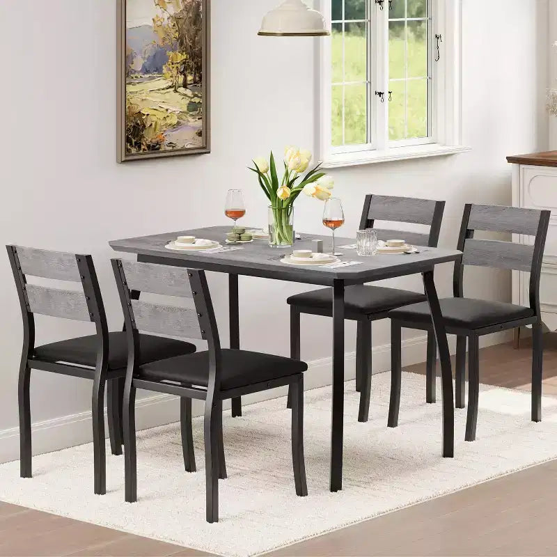 CuisinSmart Dining Table Set for 4, 5 Piece Metal Frame Kitchen Table and Chair Set with Chamfer Design, Space-Saving Dining Room Furniture