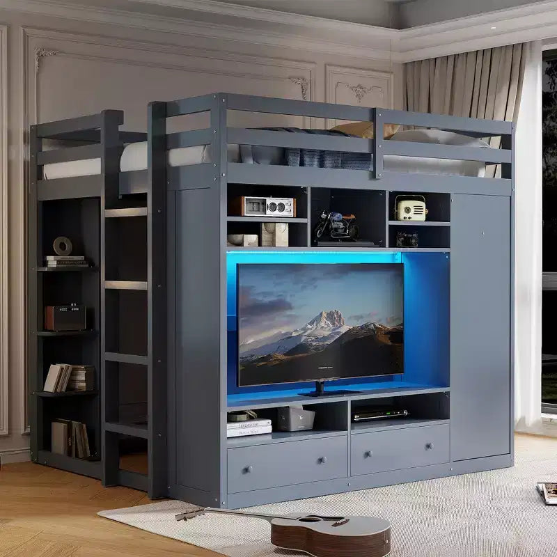 Merax Full Size Loft Bed with Built-in Storage Space Wardrobe and LED Lighting