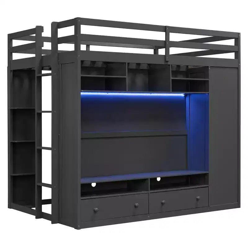 Merax Full Size Loft Bed with Built-in Storage Space Wardrobe and LED Lighting