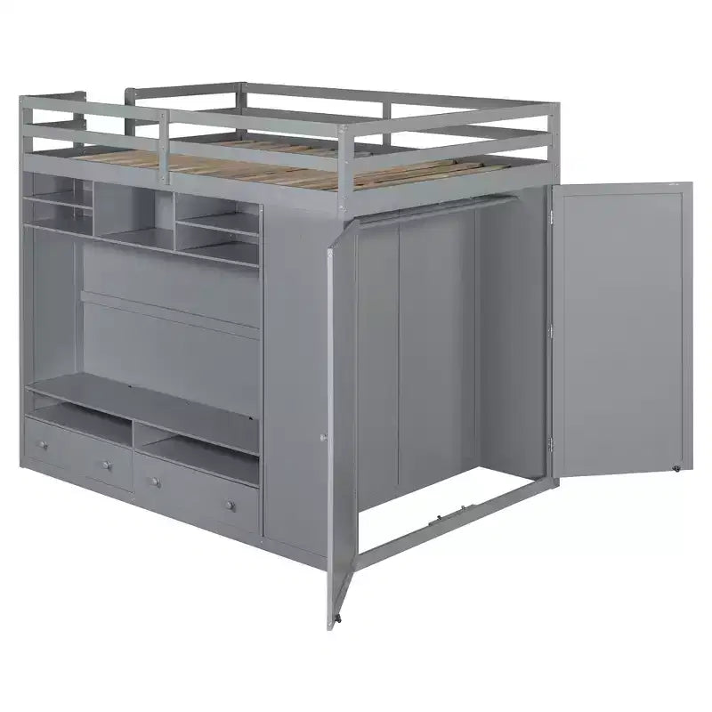Merax Full Size Loft Bed with Built-in Storage Space Wardrobe and LED Lighting