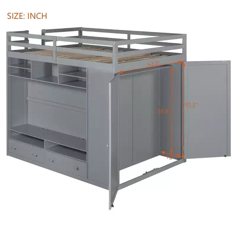 Merax Full Size Loft Bed with Built-in Storage Space Wardrobe and LED Lighting