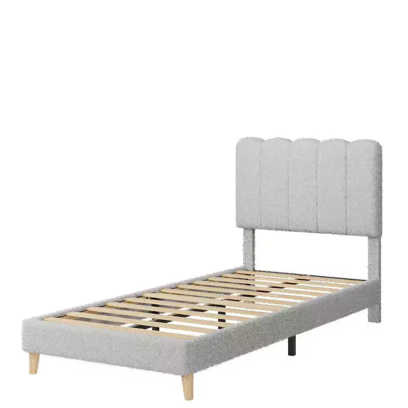 Twin Bed Frame, Velvet Upholstered Platform Bed with Wave Headboard for Girls/Kids, Easy Assembly, Wooden Slats Support, No Box Spring Needed, Pink