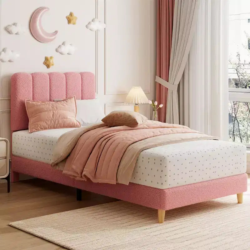 Twin Bed Frame, Velvet Upholstered Platform Bed with Wave Headboard for Girls/Kids, Easy Assembly, Wooden Slats Support, No Box Spring Needed, Pink