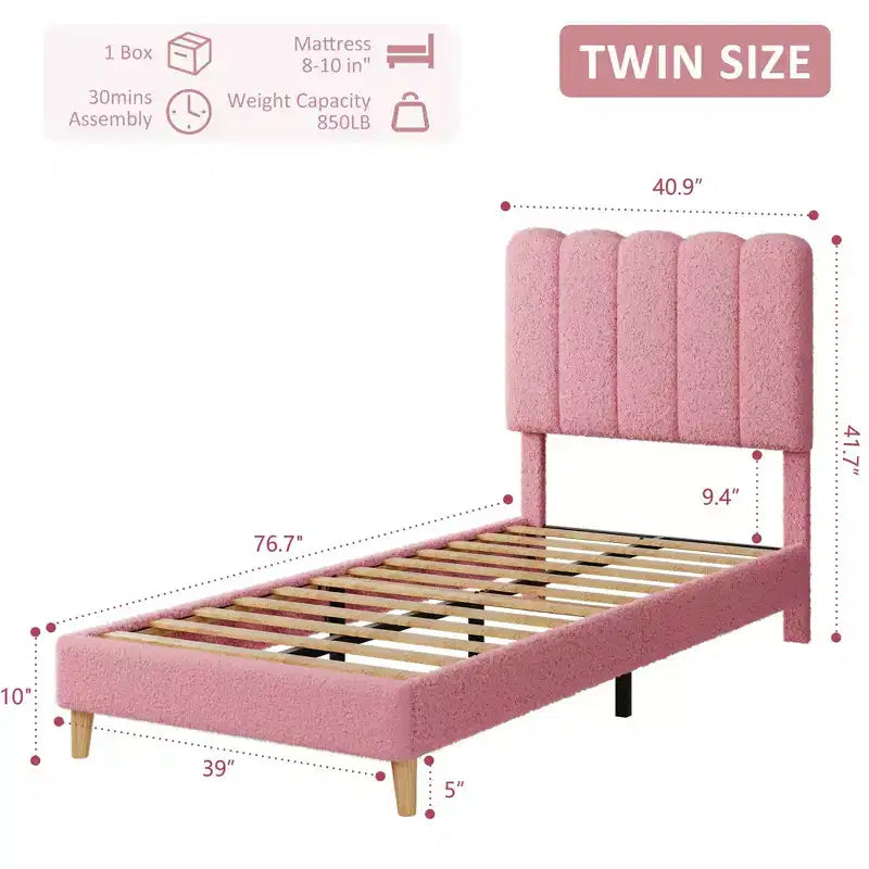 Twin Bed Frame, Velvet Upholstered Platform Bed with Wave Headboard for Girls/Kids, Easy Assembly, Wooden Slats Support, No Box Spring Needed, Pink