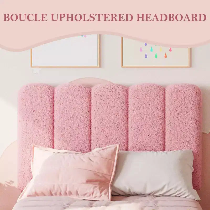 Twin Bed Frame, Velvet Upholstered Platform Bed with Wave Headboard for Girls/Kids, Easy Assembly, Wooden Slats Support, No Box Spring Needed, Pink