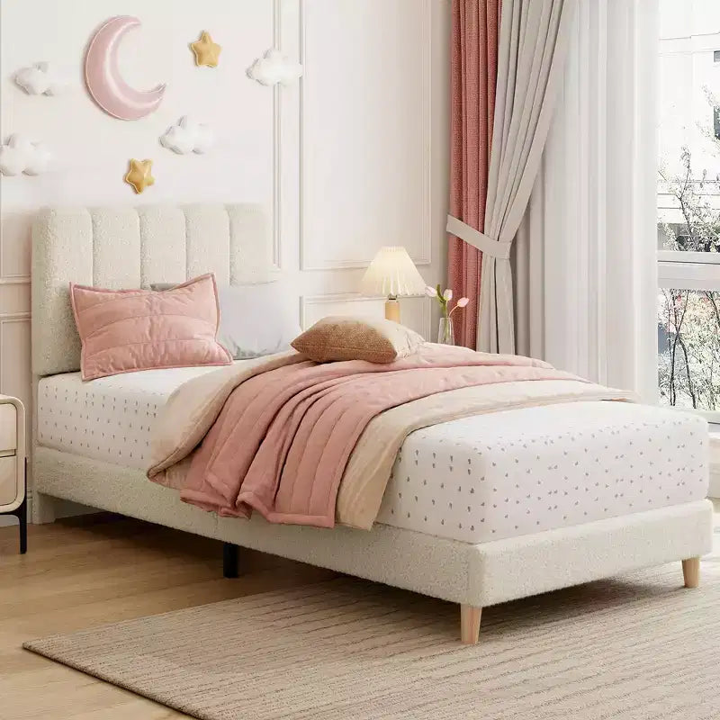 Twin Bed Frame, Velvet Upholstered Platform Bed with Wave Headboard for Girls/Kids, Easy Assembly, Wooden Slats Support, No Box Spring Needed, Pink