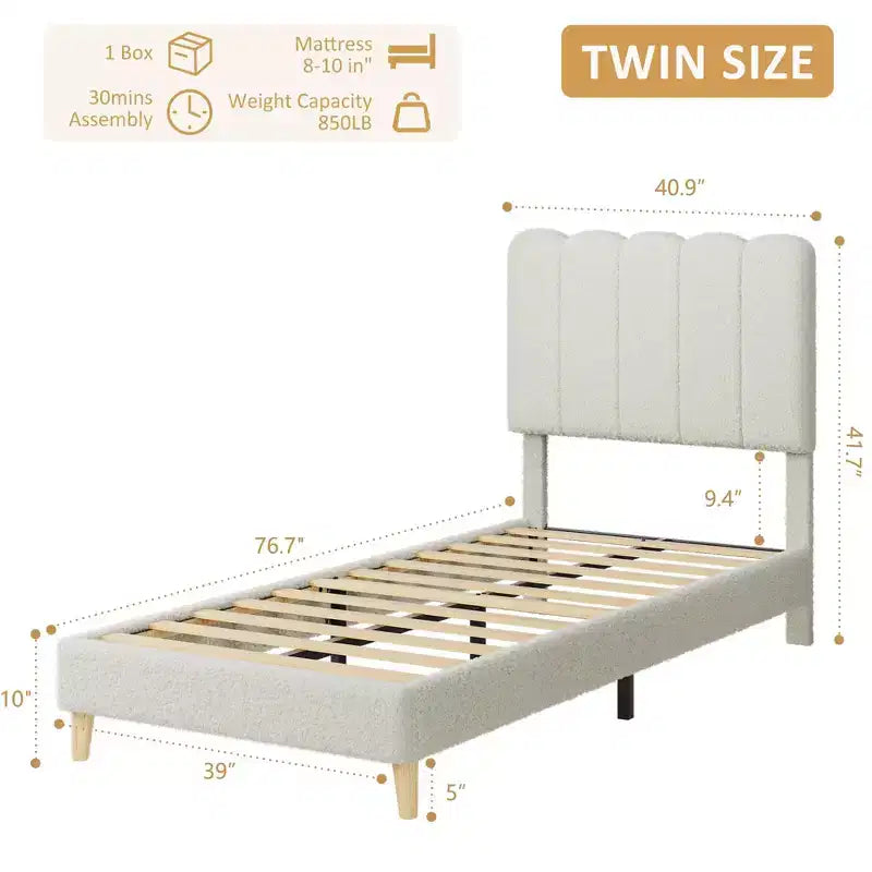 Twin Bed Frame, Velvet Upholstered Platform Bed with Wave Headboard for Girls/Kids, Easy Assembly, Wooden Slats Support, No Box Spring Needed, Pink