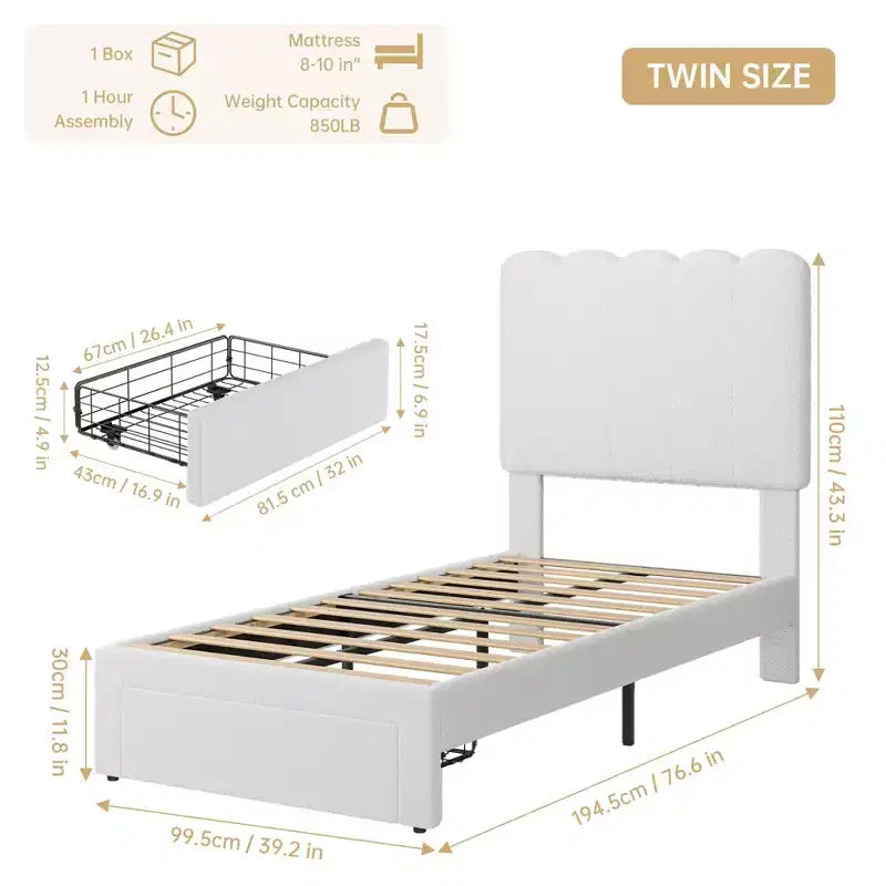 Twin Bed Frame, Velvet Upholstered Platform Bed with Wave Headboard for Girls/Kids, Easy Assembly, Wooden Slats Support, No Box Spring Needed, Pink