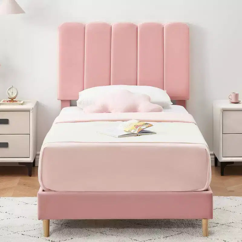 Twin Bed Frame, Velvet Upholstered Platform Bed with Wave Headboard for Girls/Kids, Easy Assembly, Wooden Slats Support, No Box Spring Needed, Pink
