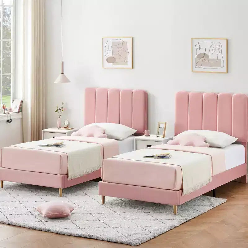 Twin Bed Frame, Velvet Upholstered Platform Bed with Wave Headboard for Girls/Kids, Easy Assembly, Wooden Slats Support, No Box Spring Needed, Pink