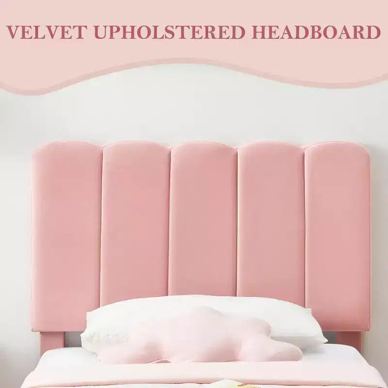 Twin Bed Frame, Velvet Upholstered Platform Bed with Wave Headboard for Girls/Kids, Easy Assembly, Wooden Slats Support, No Box Spring Needed, Pink