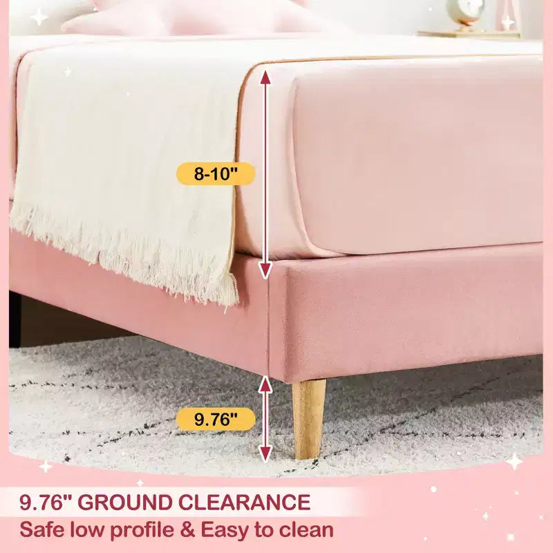Twin Bed Frame, Velvet Upholstered Platform Bed with Wave Headboard for Girls/Kids, Easy Assembly, Wooden Slats Support, No Box Spring Needed, Pink